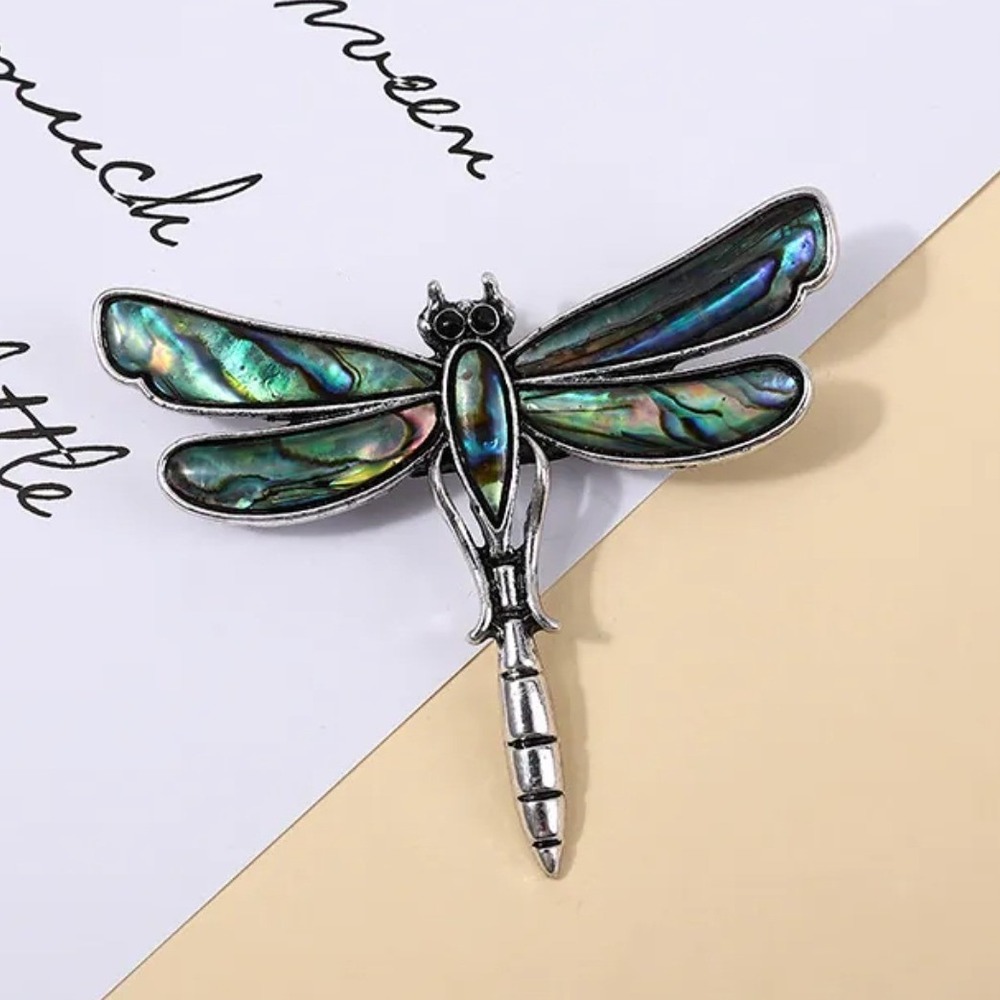 Abalone Shell Dragonfly Brooch Silver Tone Iridescent Wing Pin 6cm x 5cm